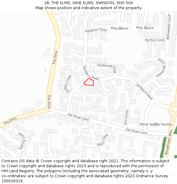 28, THE ELMS, NINE ELMS, SWINDON, SN5 5XA: Location map and indicative extent of plot