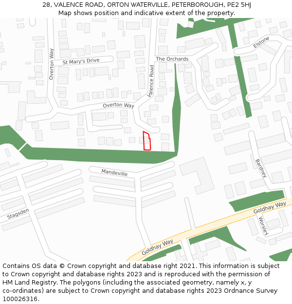 28, VALENCE ROAD, ORTON WATERVILLE, PETERBOROUGH, PE2 5HJ: Location map and indicative extent of plot