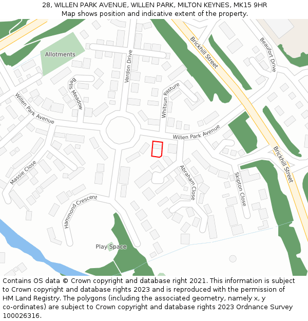 28, WILLEN PARK AVENUE, WILLEN PARK, MILTON KEYNES, MK15 9HR: Location map and indicative extent of plot