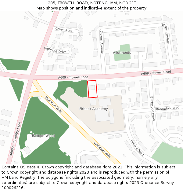 285, TROWELL ROAD, NOTTINGHAM, NG8 2FE: Location map and indicative extent of plot