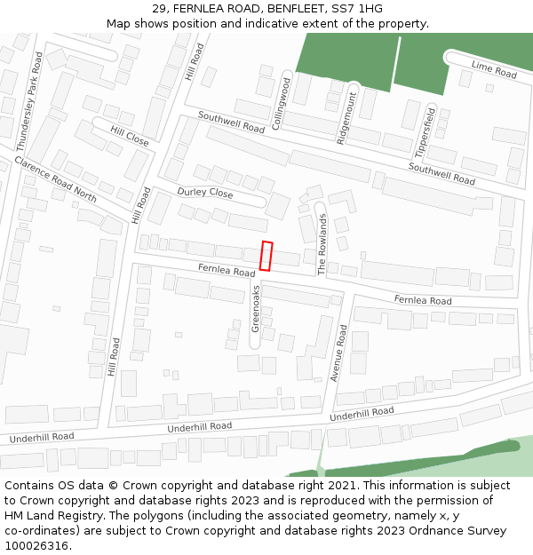 29, FERNLEA ROAD, BENFLEET, SS7 1HG: Location map and indicative extent of plot