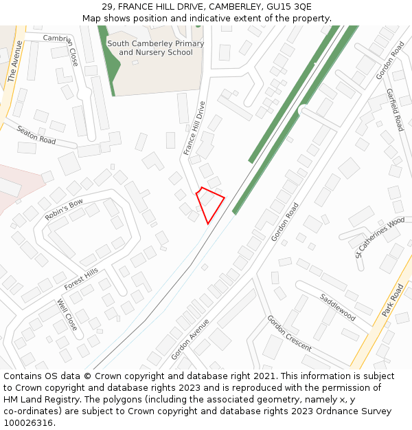 29, FRANCE HILL DRIVE, CAMBERLEY, GU15 3QE: Location map and indicative extent of plot