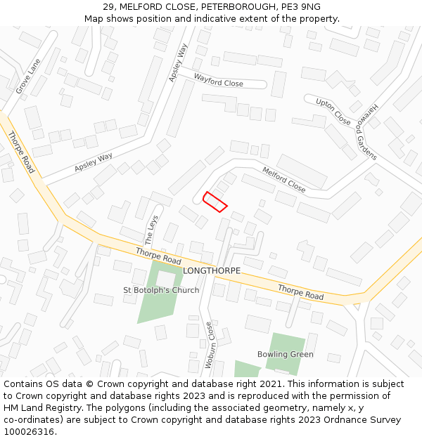 29, MELFORD CLOSE, PETERBOROUGH, PE3 9NG: Location map and indicative extent of plot