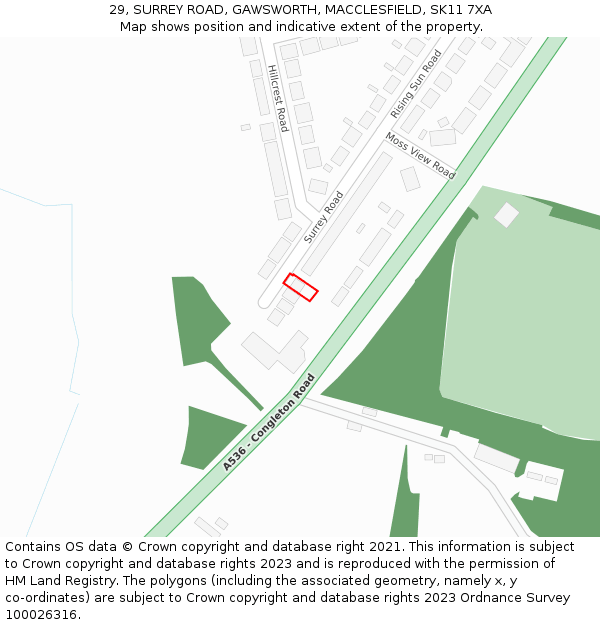 29, SURREY ROAD, GAWSWORTH, MACCLESFIELD, SK11 7XA: Location map and indicative extent of plot