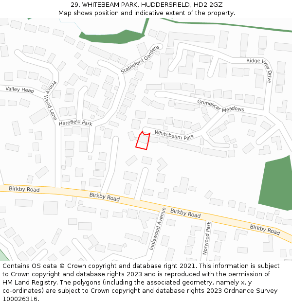 29, WHITEBEAM PARK, HUDDERSFIELD, HD2 2GZ: Location map and indicative extent of plot