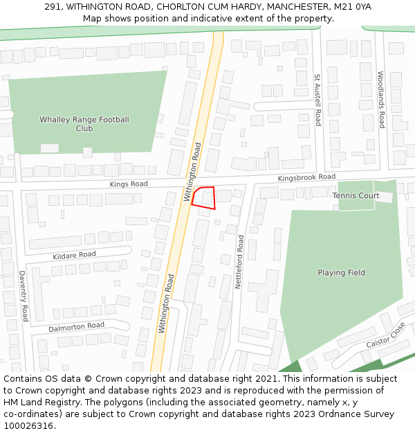 291, WITHINGTON ROAD, CHORLTON CUM HARDY, MANCHESTER, M21 0YA: Location map and indicative extent of plot