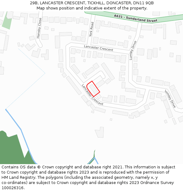 29B, LANCASTER CRESCENT, TICKHILL, DONCASTER, DN11 9QB: Location map and indicative extent of plot