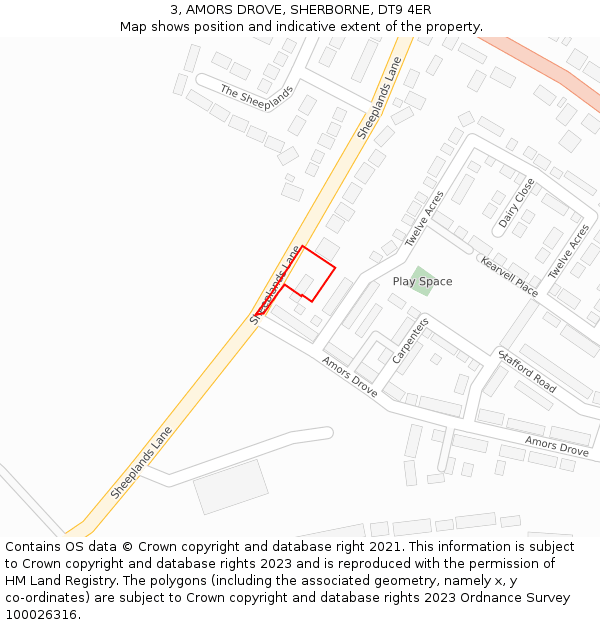 3, AMORS DROVE, SHERBORNE, DT9 4ER: Location map and indicative extent of plot