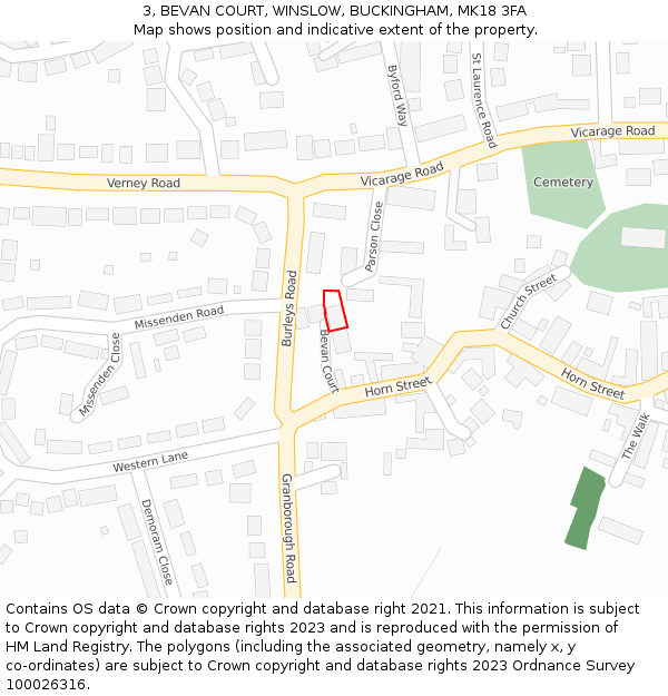 3, BEVAN COURT, WINSLOW, BUCKINGHAM, MK18 3FA: Location map and indicative extent of plot