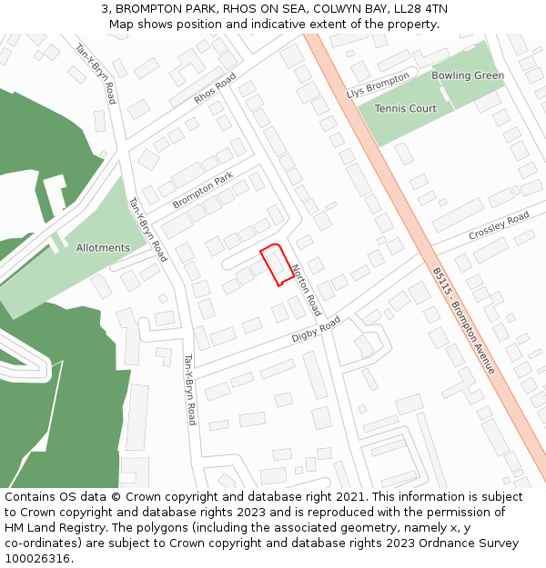 3, BROMPTON PARK, RHOS ON SEA, COLWYN BAY, LL28 4TN: Location map and indicative extent of plot