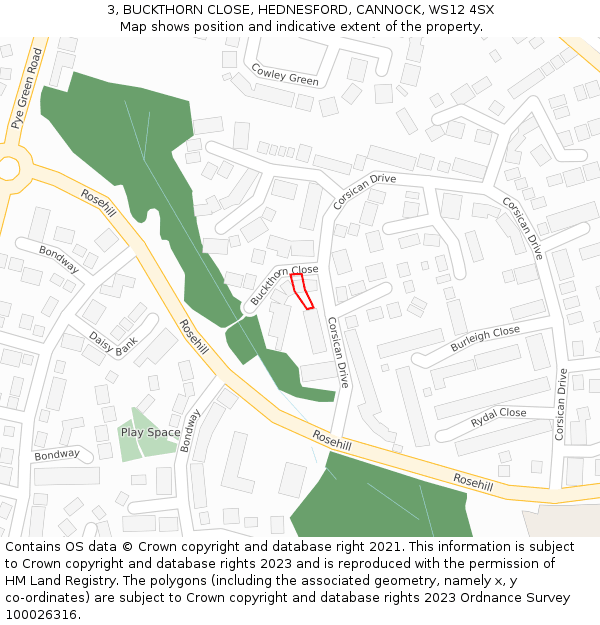 3, BUCKTHORN CLOSE, HEDNESFORD, CANNOCK, WS12 4SX: Location map and indicative extent of plot