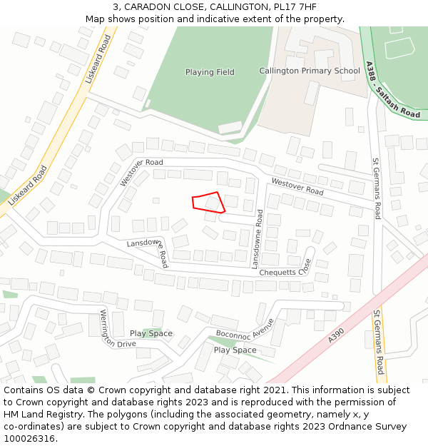 3, CARADON CLOSE, CALLINGTON, PL17 7HF: Location map and indicative extent of plot