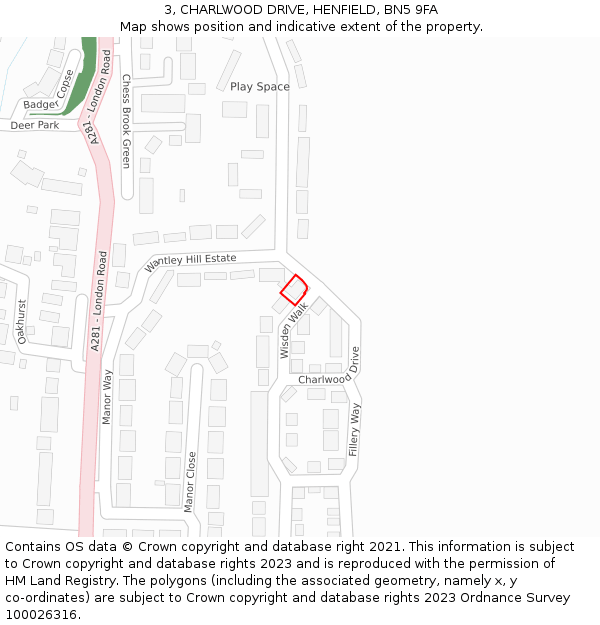 3, CHARLWOOD DRIVE, HENFIELD, BN5 9FA: Location map and indicative extent of plot