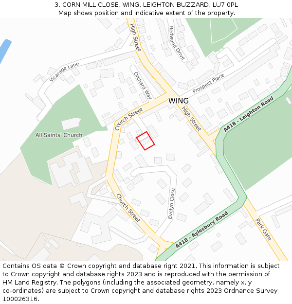 3, CORN MILL CLOSE, WING, LEIGHTON BUZZARD, LU7 0PL: Location map and indicative extent of plot