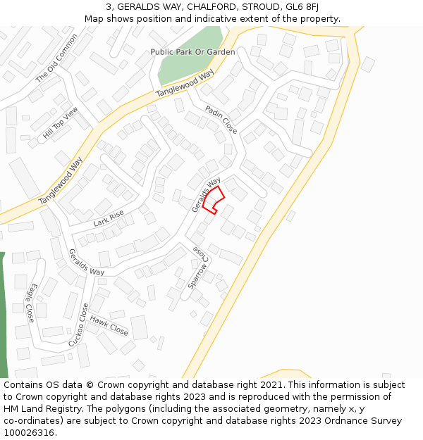 3, GERALDS WAY, CHALFORD, STROUD, GL6 8FJ: Location map and indicative extent of plot