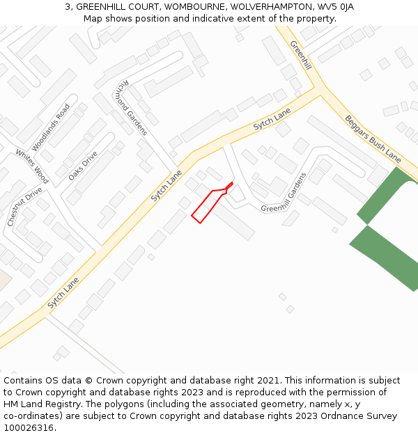 3, GREENHILL COURT, WOMBOURNE, WOLVERHAMPTON, WV5 0JA: Location map and indicative extent of plot