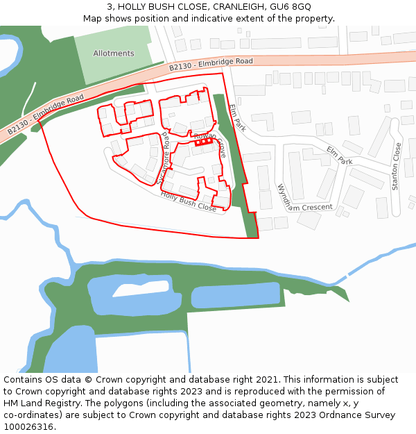 3, HOLLY BUSH CLOSE, CRANLEIGH, GU6 8GQ: Location map and indicative extent of plot