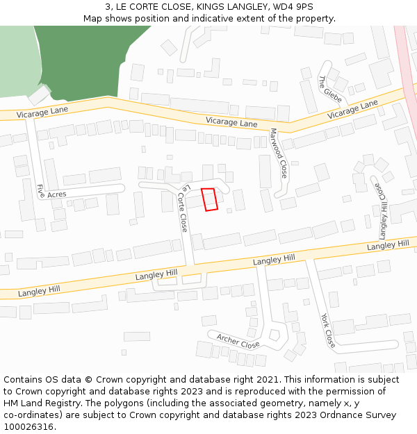 3, LE CORTE CLOSE, KINGS LANGLEY, WD4 9PS: Location map and indicative extent of plot