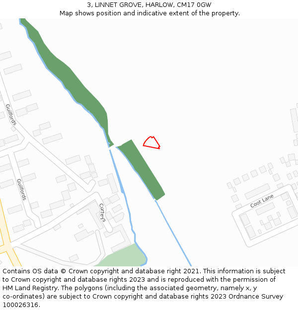 3, LINNET GROVE, HARLOW, CM17 0GW: Location map and indicative extent of plot