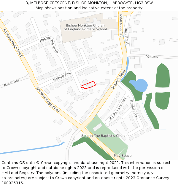 3, MELROSE CRESCENT, BISHOP MONKTON, HARROGATE, HG3 3SW: Location map and indicative extent of plot