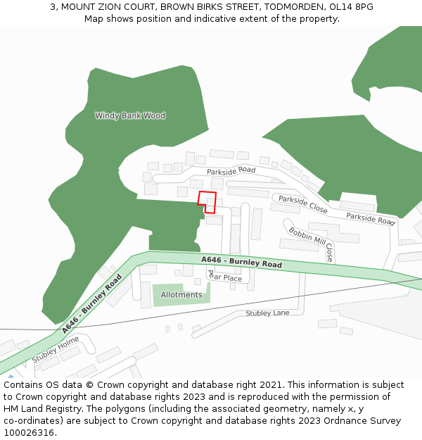 3, MOUNT ZION COURT, BROWN BIRKS STREET, TODMORDEN, OL14 8PG: Location map and indicative extent of plot