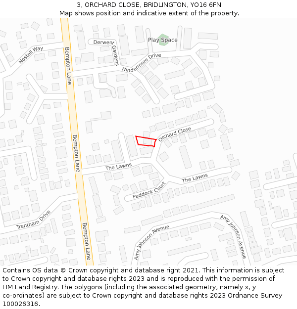 3, ORCHARD CLOSE, BRIDLINGTON, YO16 6FN: Location map and indicative extent of plot