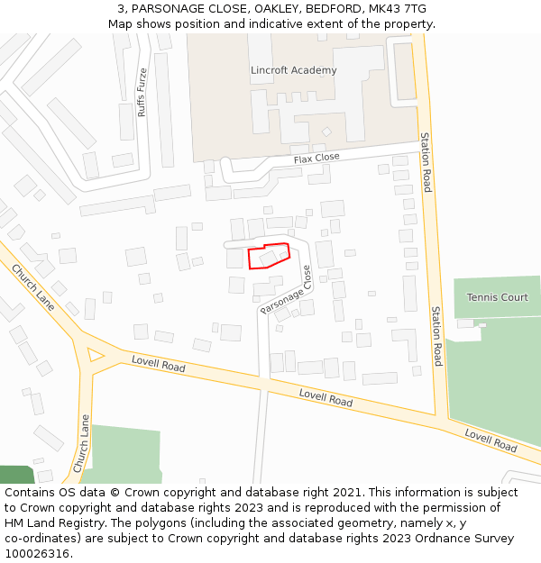 3, PARSONAGE CLOSE, OAKLEY, BEDFORD, MK43 7TG: Location map and indicative extent of plot