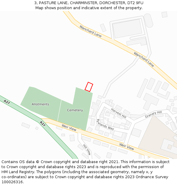 3, PASTURE LANE, CHARMINSTER, DORCHESTER, DT2 9FU: Location map and indicative extent of plot