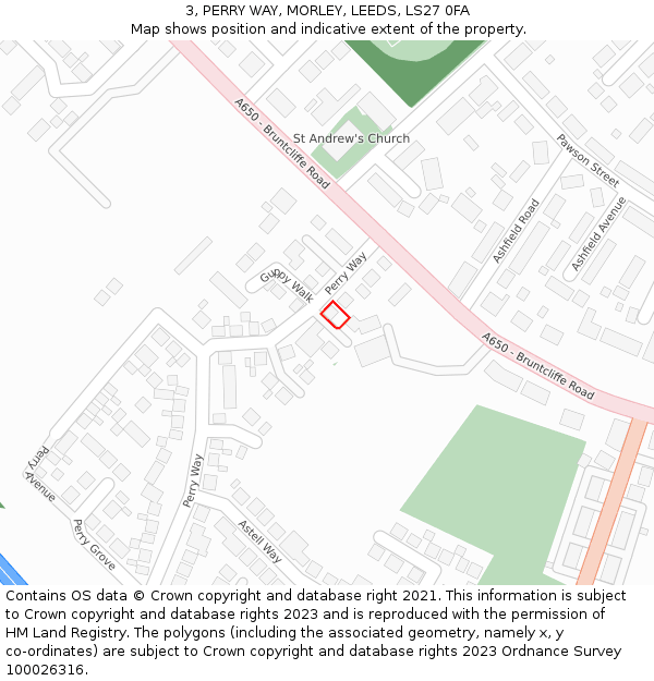 3, PERRY WAY, MORLEY, LEEDS, LS27 0FA: Location map and indicative extent of plot