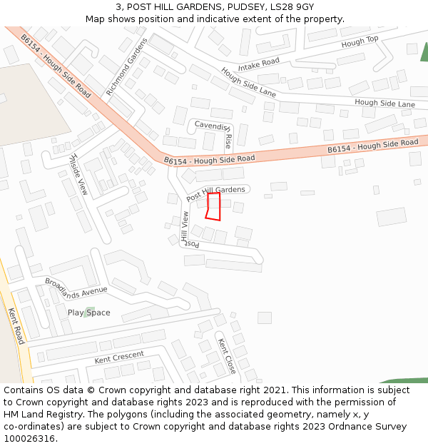 3, POST HILL GARDENS, PUDSEY, LS28 9GY: Location map and indicative extent of plot