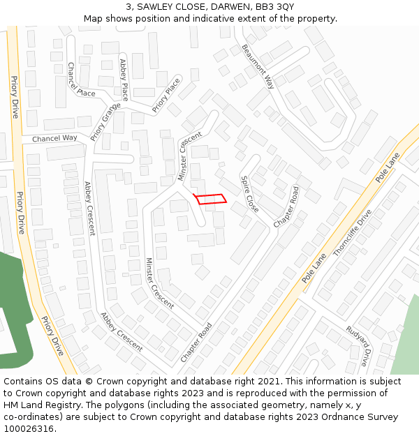 3, SAWLEY CLOSE, DARWEN, BB3 3QY: Location map and indicative extent of plot