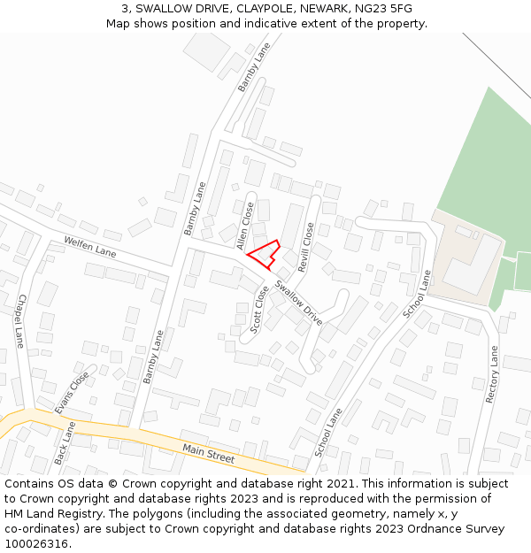 3, SWALLOW DRIVE, CLAYPOLE, NEWARK, NG23 5FG: Location map and indicative extent of plot