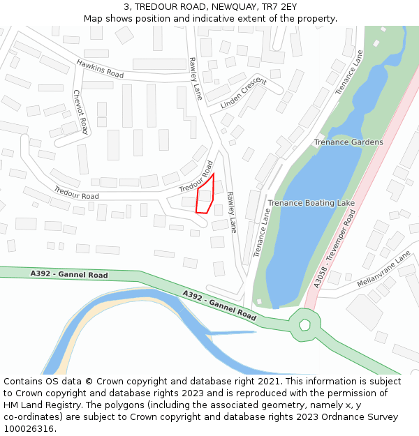 3, TREDOUR ROAD, NEWQUAY, TR7 2EY: Location map and indicative extent of plot