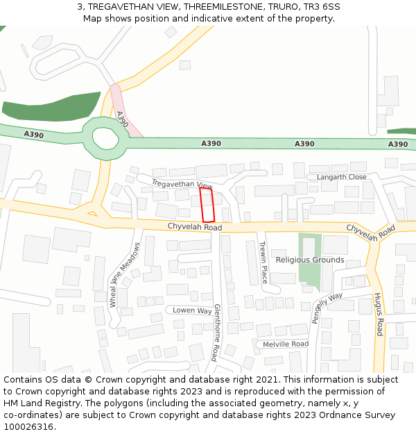 3, TREGAVETHAN VIEW, THREEMILESTONE, TRURO, TR3 6SS: Location map and indicative extent of plot