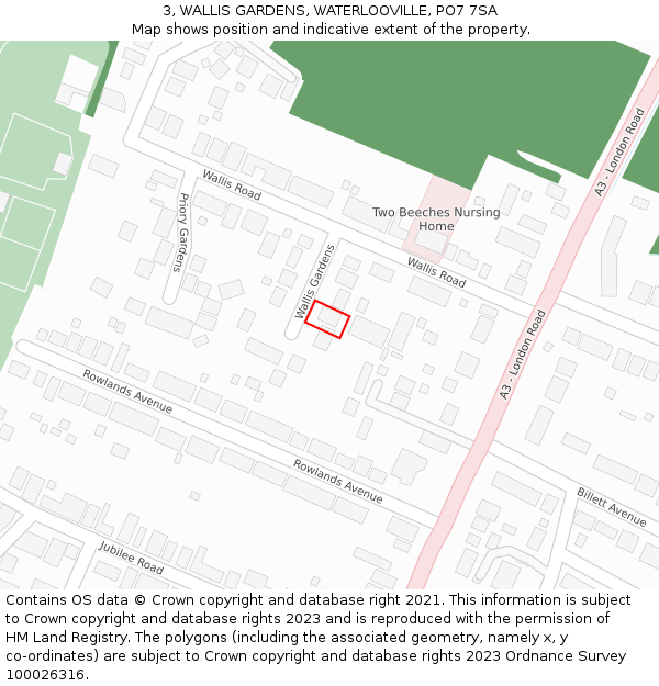 3, WALLIS GARDENS, WATERLOOVILLE, PO7 7SA: Location map and indicative extent of plot