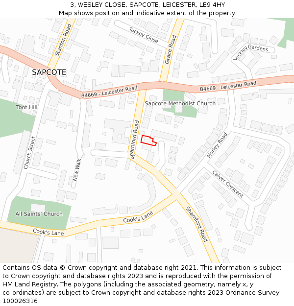 3, WESLEY CLOSE, SAPCOTE, LEICESTER, LE9 4HY: Location map and indicative extent of plot