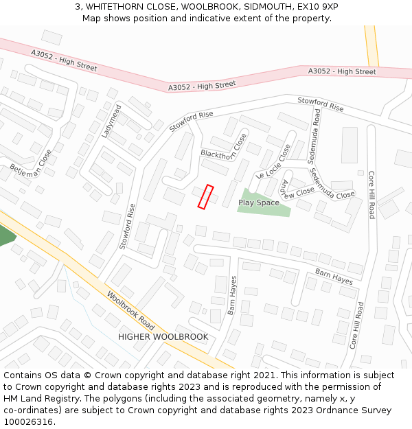 3, WHITETHORN CLOSE, WOOLBROOK, SIDMOUTH, EX10 9XP: Location map and indicative extent of plot