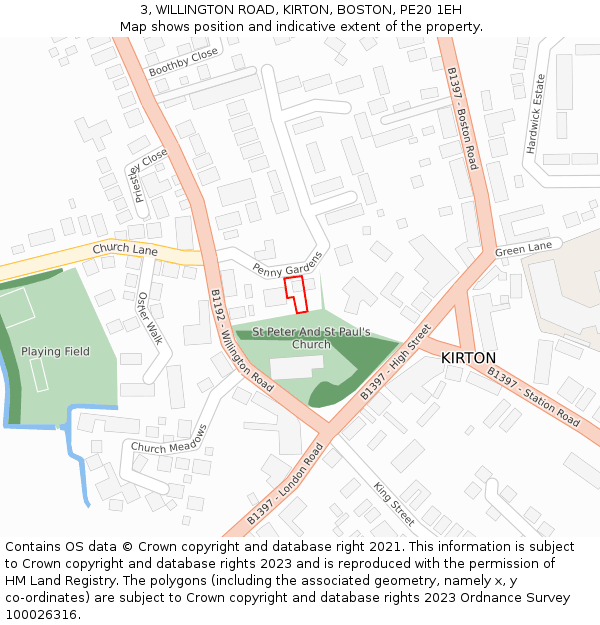 3, WILLINGTON ROAD, KIRTON, BOSTON, PE20 1EH: Location map and indicative extent of plot