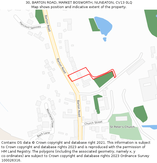 30, BARTON ROAD, MARKET BOSWORTH, NUNEATON, CV13 0LQ: Location map and indicative extent of plot