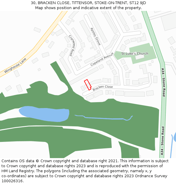 30, BRACKEN CLOSE, TITTENSOR, STOKE-ON-TRENT, ST12 9JD: Location map and indicative extent of plot