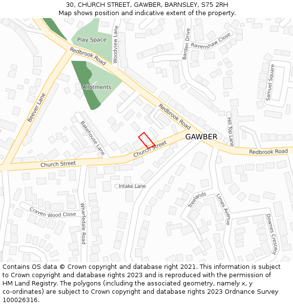 30, CHURCH STREET, GAWBER, BARNSLEY, S75 2RH: Location map and indicative extent of plot