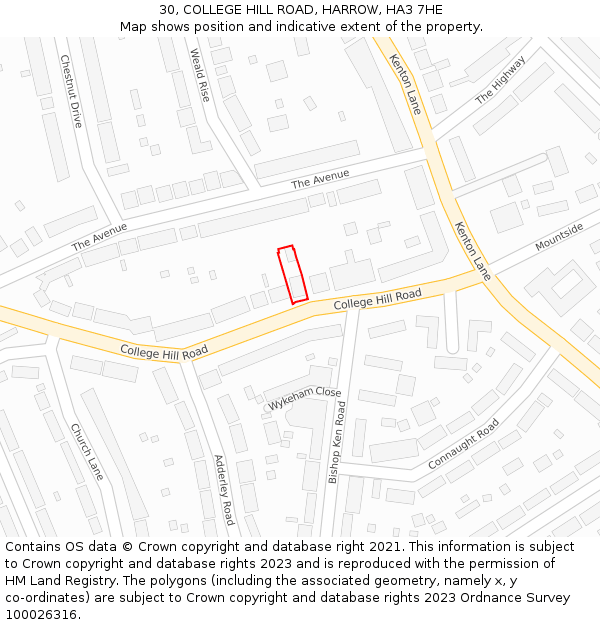 30, COLLEGE HILL ROAD, HARROW, HA3 7HE: Location map and indicative extent of plot