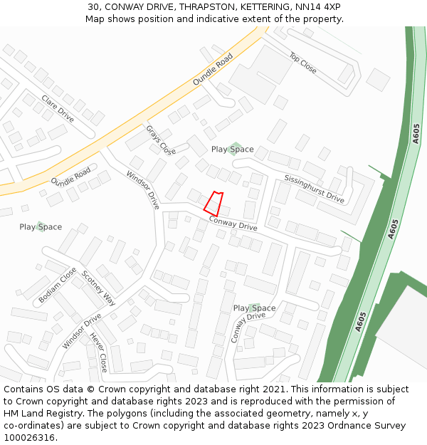 30, CONWAY DRIVE, THRAPSTON, KETTERING, NN14 4XP: Location map and indicative extent of plot