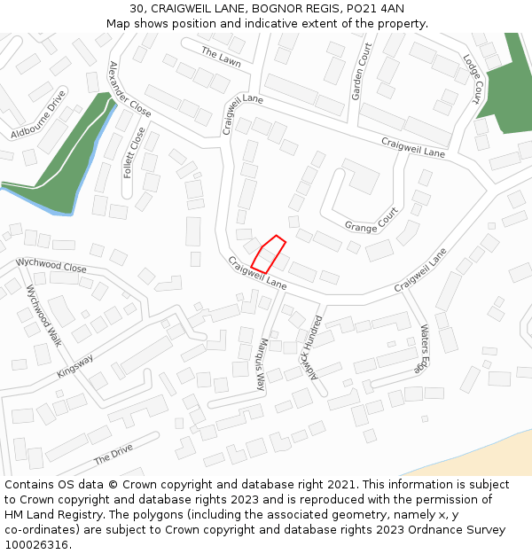 30, CRAIGWEIL LANE, BOGNOR REGIS, PO21 4AN: Location map and indicative extent of plot