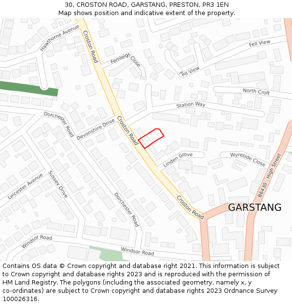 30, CROSTON ROAD, GARSTANG, PRESTON, PR3 1EN: Location map and indicative extent of plot