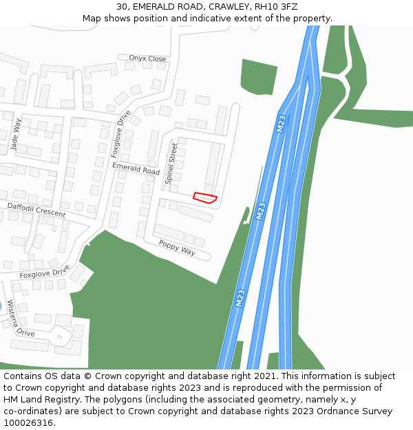 30, EMERALD ROAD, CRAWLEY, RH10 3FZ: Location map and indicative extent of plot