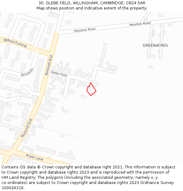 30, GLEBE FIELD, WILLINGHAM, CAMBRIDGE, CB24 5AR: Location map and indicative extent of plot