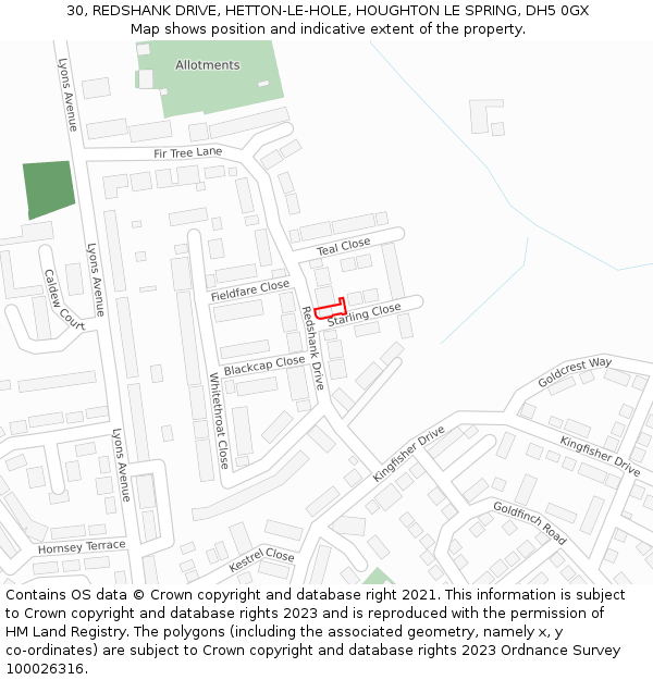 30, REDSHANK DRIVE, HETTON-LE-HOLE, HOUGHTON LE SPRING, DH5 0GX: Location map and indicative extent of plot