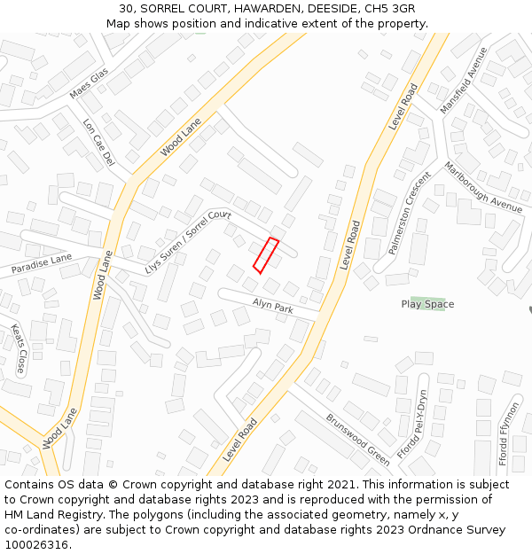 30, SORREL COURT, HAWARDEN, DEESIDE, CH5 3GR: Location map and indicative extent of plot