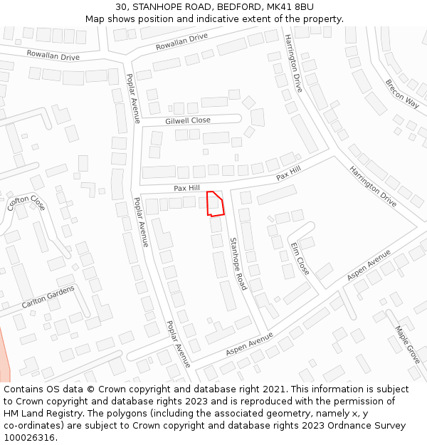 30, STANHOPE ROAD, BEDFORD, MK41 8BU: Location map and indicative extent of plot